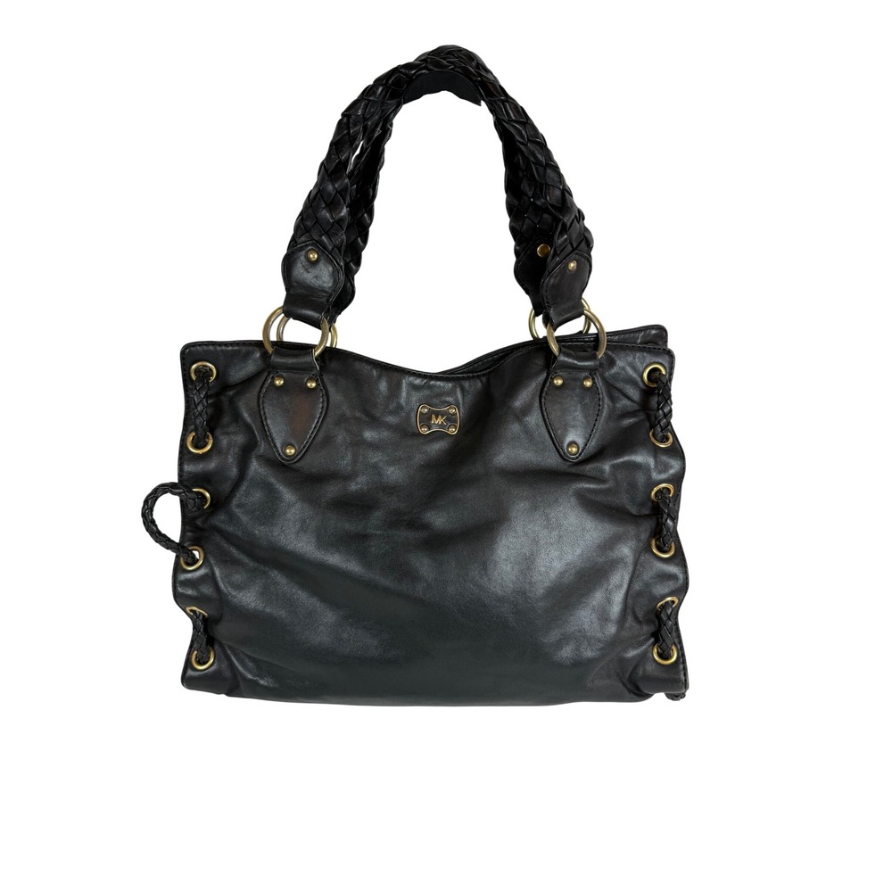 VINTAGE Michael Kors Hobo Bag, Black Leather Woven Leather Handles Gold Hardware